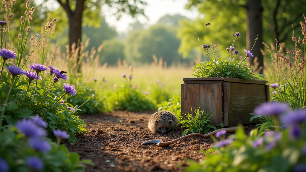 Jardin écologique avec diverses plantes locales et systèmes de récupération d'eau de pluie