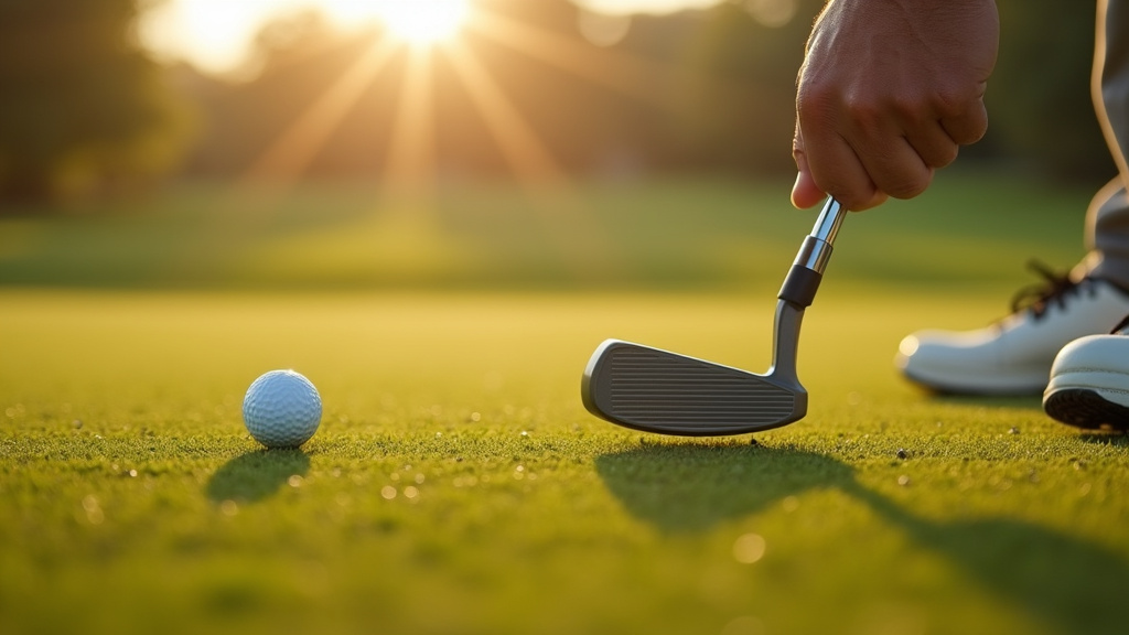 Golfeur professionnel en train d'analyser la trajectoire d'un putt sur un green