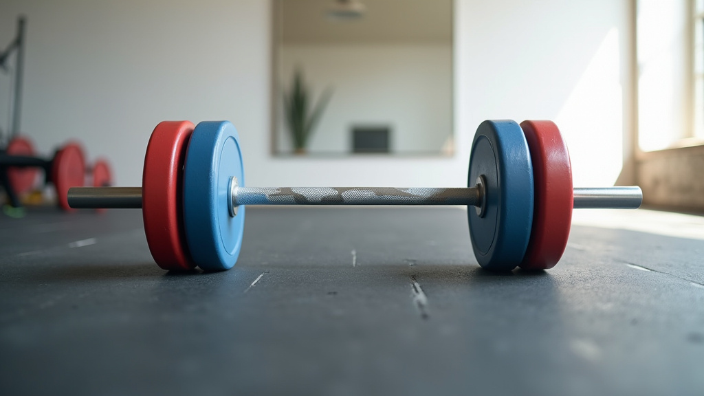 Variété de barres de musculation olympiques et EZ sur un rack de home gym moderne