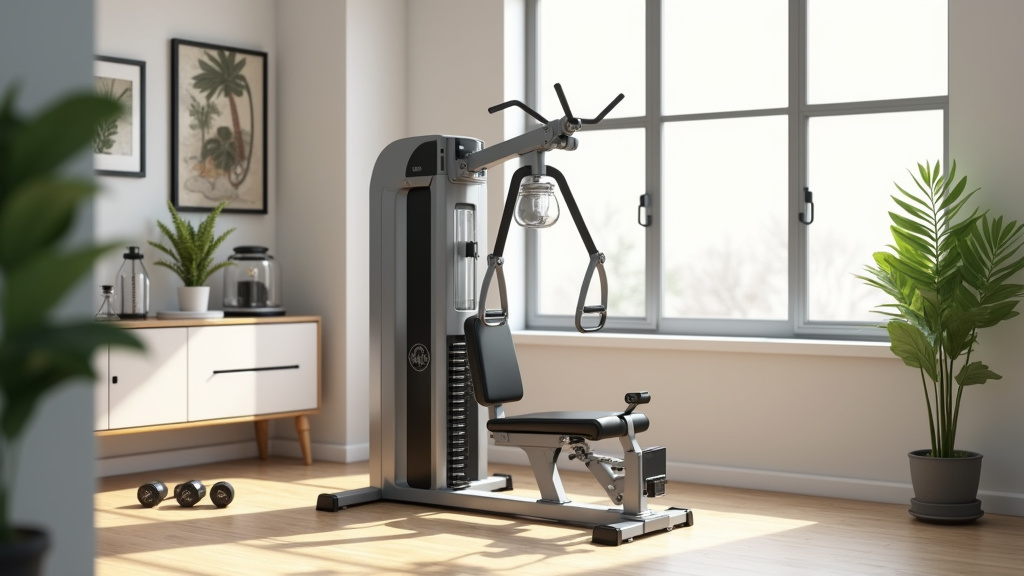 Home gym moderne avec plusieurs machines de musculation dans un espace bien aménagé