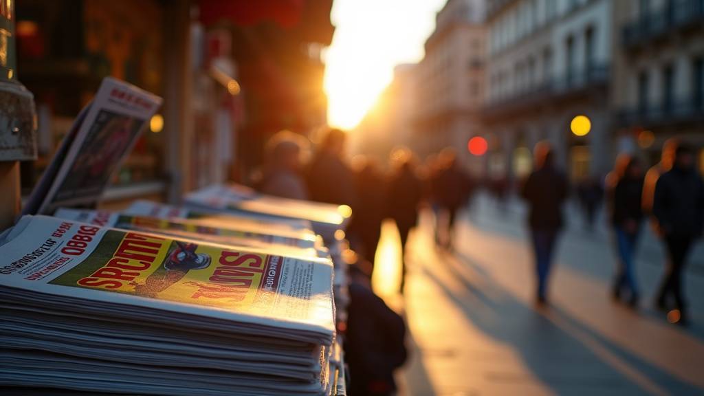 Personnes lisant les journaux sportifs dans un café espagnol