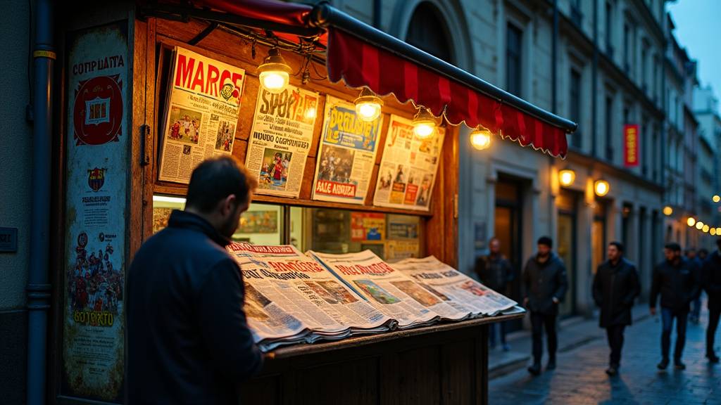 Un kiosque à journaux en Espagne avec des quotidiens sportifs mis en avant