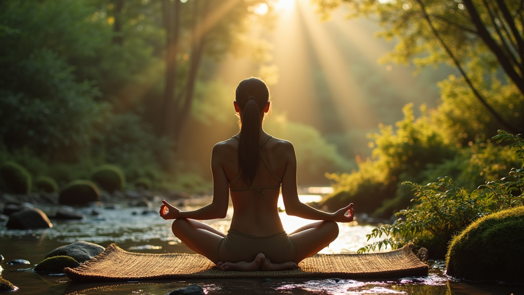 Personne pratiquant la méditation dans un parc verdoyant au lever du soleil