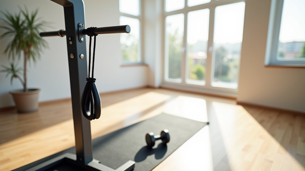 Station de musculation multifonction avec poulies intégrées dans un home gym moderne