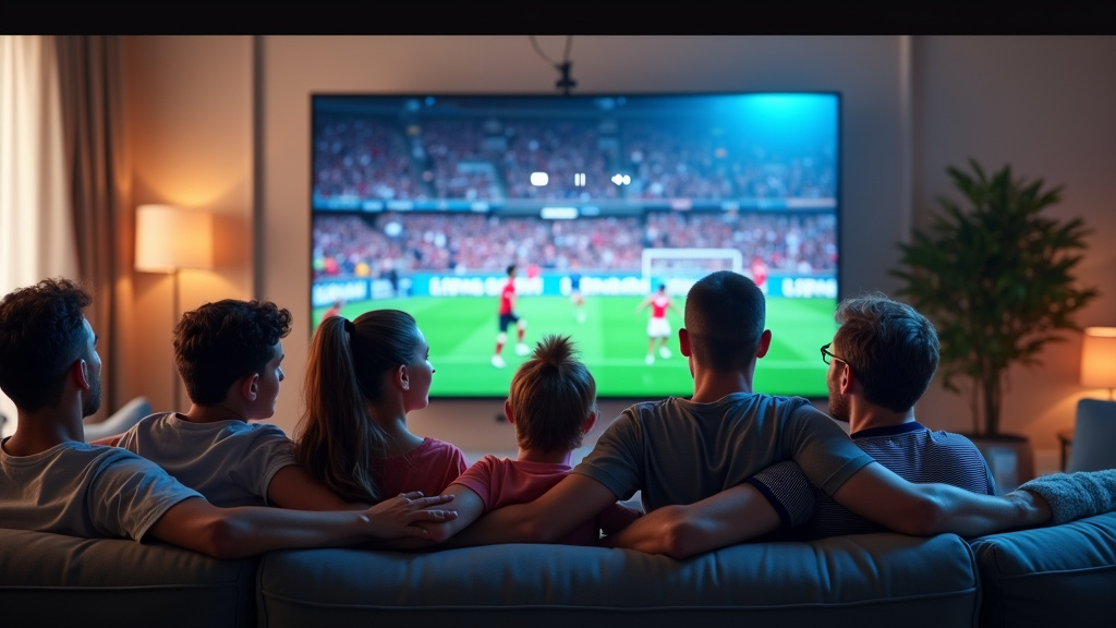 Écran de télévision diffusant un match de football en direct avec plusieurs caméras et angles de vue