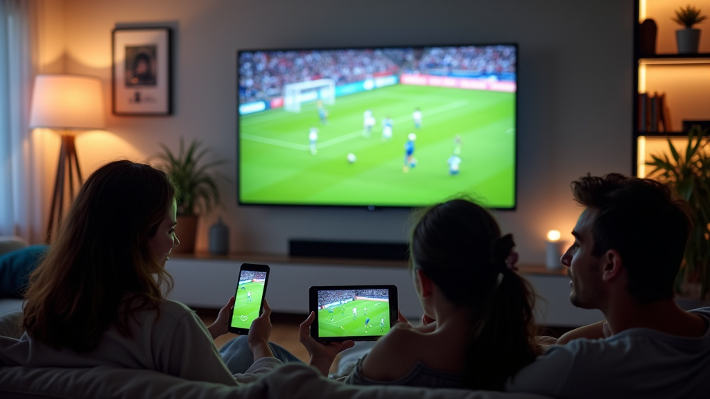 Écran de télévision diffusant un match sportif en direct avec plusieurs plateformes de streaming