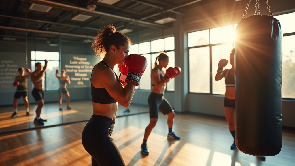 Intérieur d'un club de boxe moderne avec ring professionnel, sacs de frappe et équipements d'entraînement